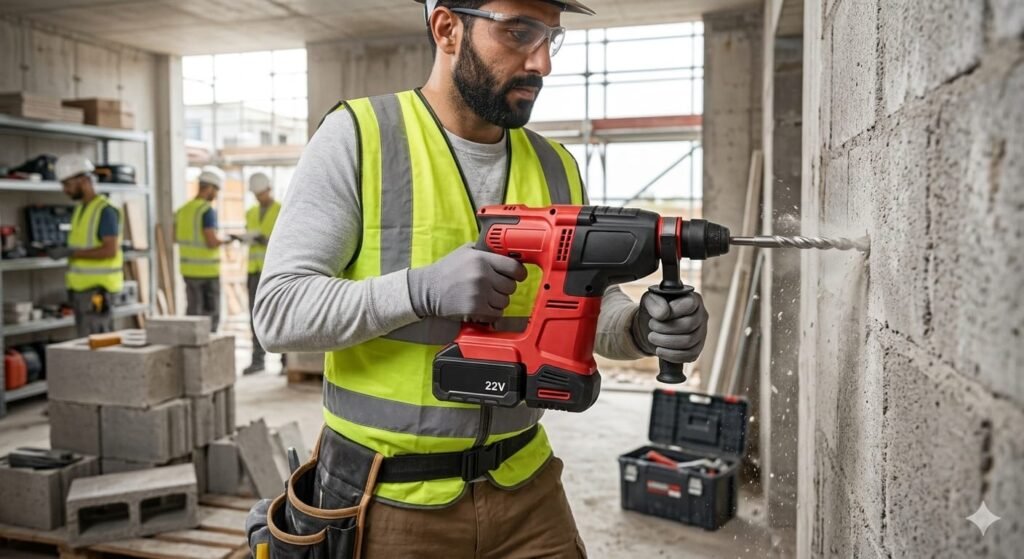 How to Choose the Best Cordless Drill for Concrete and Walls A professional construction worker wearing a yellow safety vest and helmet using a cordless 22V rotary hammer drill to bore a hole in a concrete wall, safe for affiliate marketing.