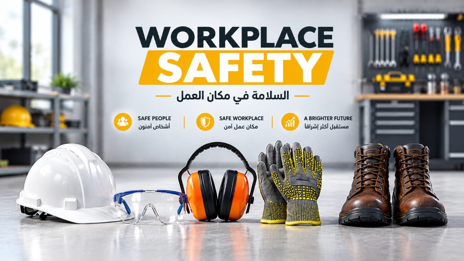Professional PPE and work safety gear guide for UK tradespeople featuring helmet, boots, and gloves