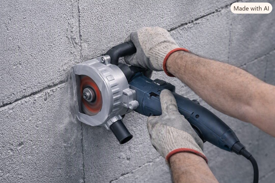 Professional wall chaser cutting clean parallel channels into a brick wall on a UK job site