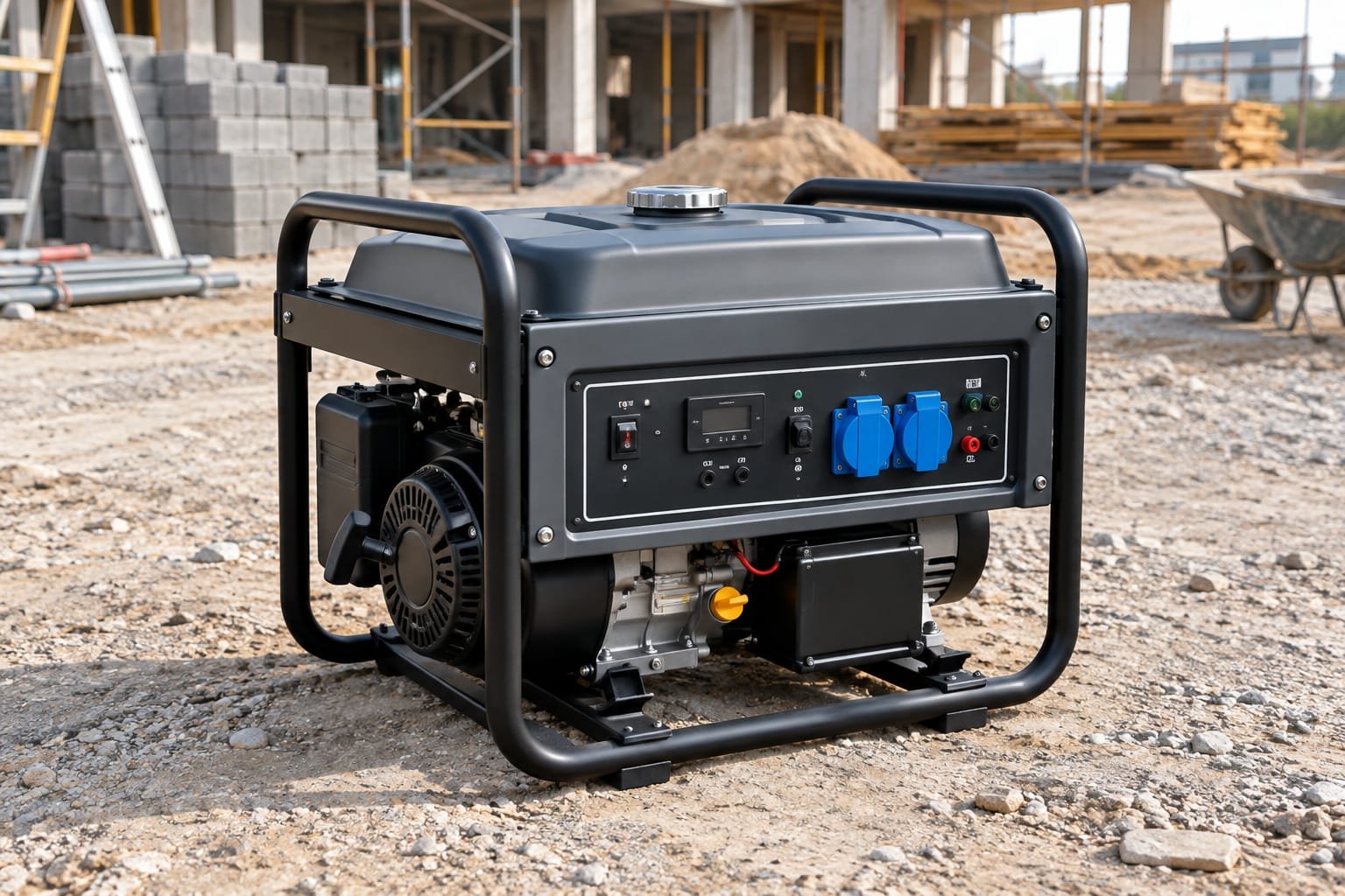 A rugged open frame portable site generator sitting on a construction site next to power tools